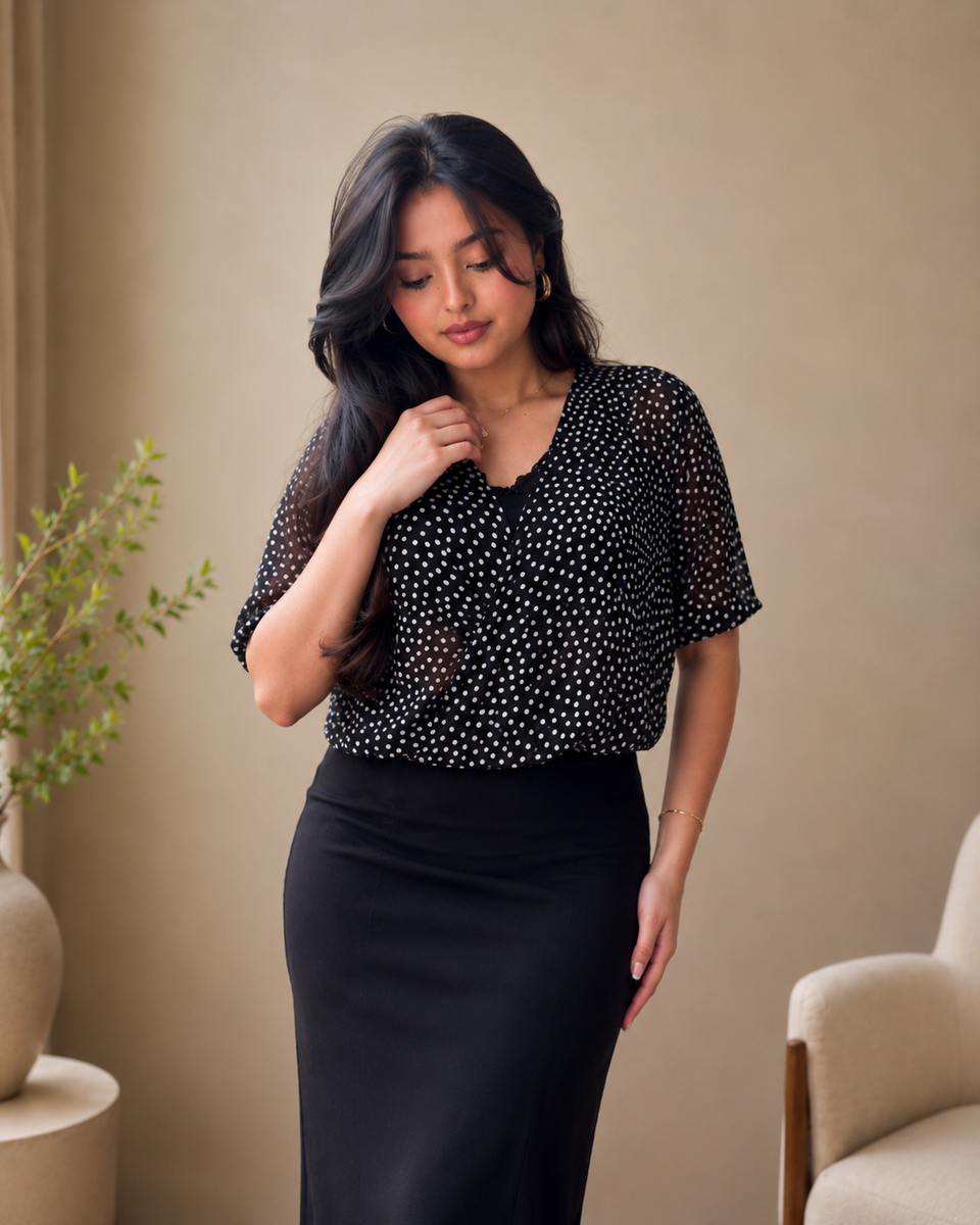 Ensemble Élise – Top à pois & jupe noire fendue