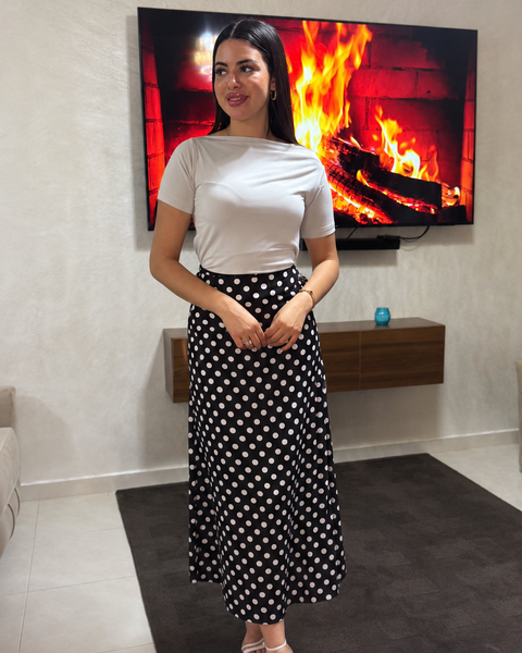 Ensemble Lina – Top blanc & jupe midi à pois